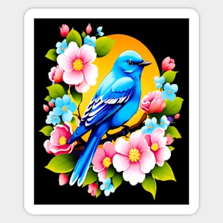 Cute Blue Bird Surrounded by Bold Vibrant Spring Flowers Sticker